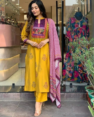 Honey Yellow Pure Muslin Embroidered Salwar Suit Set