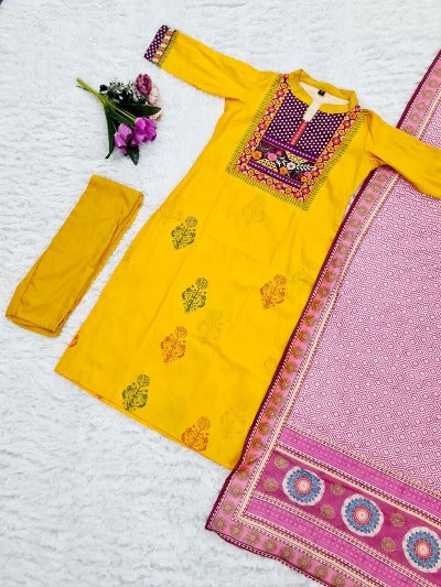 Honey Yellow Pure Muslin Embroidered Salwar Suit Set