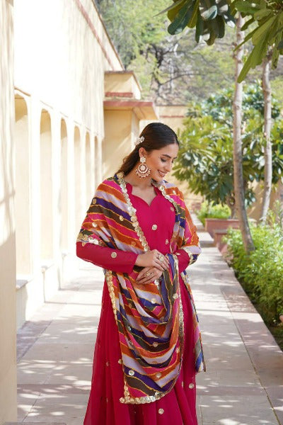 Rani Pink Georgette Anarkali Gown With Russian Silk Dupatta Set Of 2