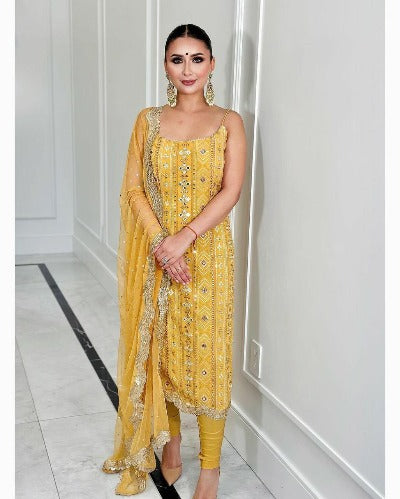 Yellow Sleeveless Georgette Heavy Work Salwar Suit Set
