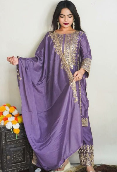 Pastel Purple Chinon Silk Heavy Embroidery Salwar Suit Set