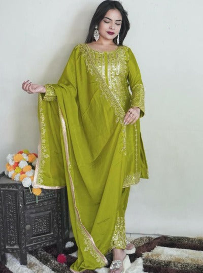Parrot Green Chinon Silk Heavy Embroidery Salwar Suit Set