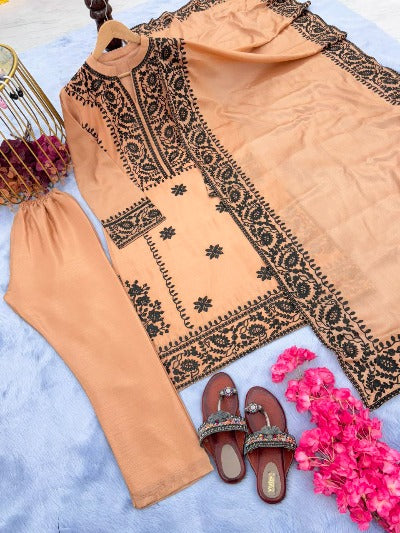 Peach Chinon Silk With Black Embroidery Salwar Suit Set