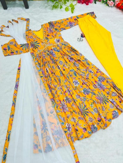 Yellow Lily Print Cotton Alia Cut Anarkali Suit Set