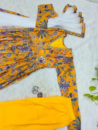 Yellow Lily Print Cotton Alia Cut Anarkali Suit Set