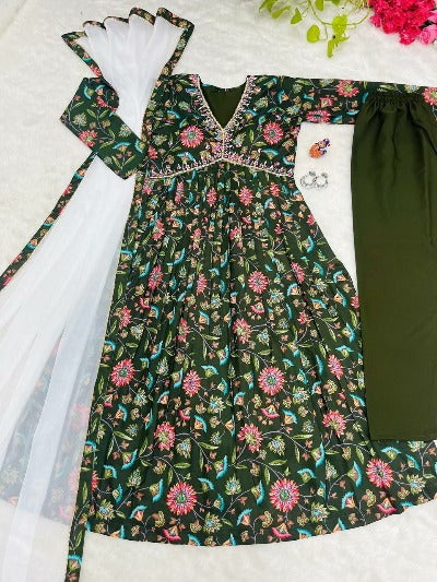 Mehandi Green Lily Print Cotton Alia Cut Anarkali Suit Set
