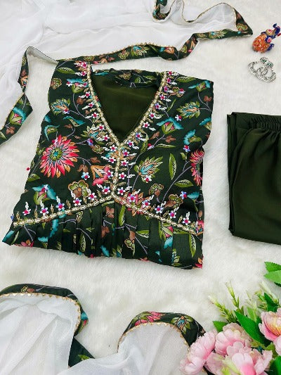 Mehandi Green Lily Print Cotton Alia Cut Anarkali Suit Set