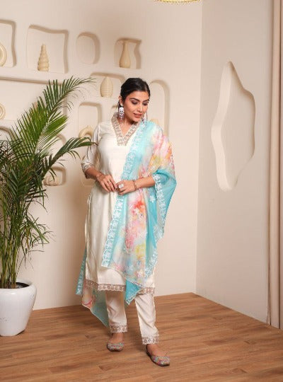 White Chanderi Designer Suit With Colourful Organza Dupatta