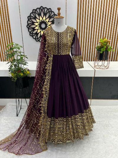 Wine Georgette Designer Gown Anarkali Dupatta Set Of 2