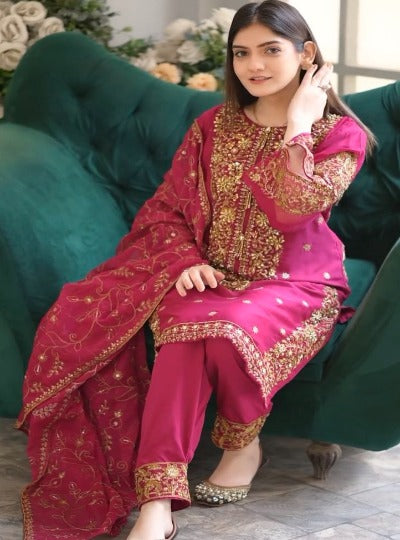 Pink Georgette Gold Sequins Salwar Suit Set