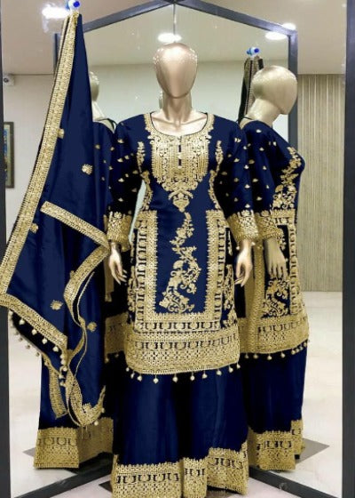 Cobalt Blue Chinon Silk Embroidery Codding Salwar Suit Set