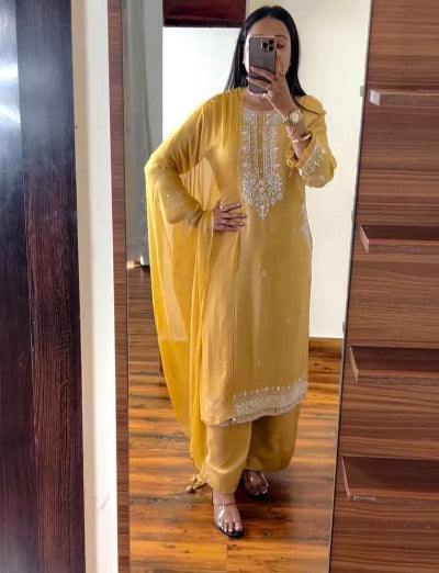 Saffron Yellow Chinon Silk Embroidery Salwar Suit Set