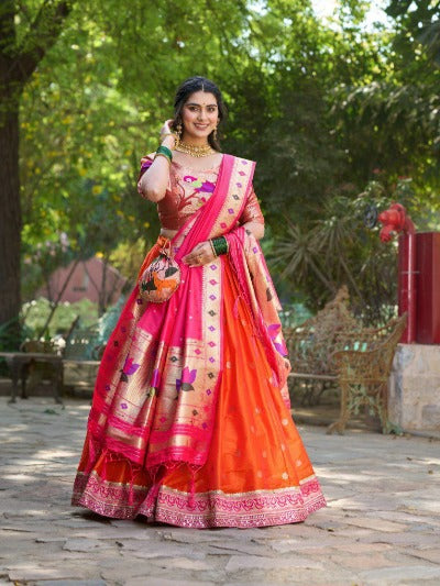 Rich Orange Pink Paithani Silk Semi Stitched Lehenga Set