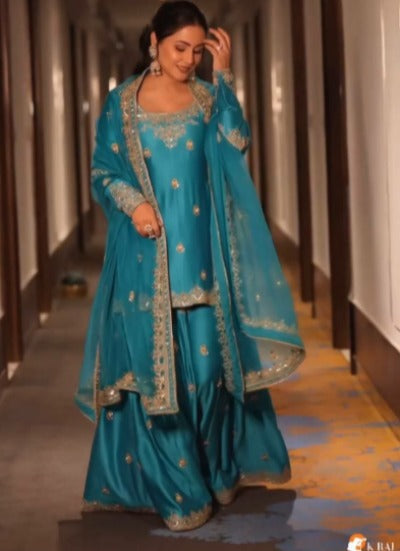 Chinon Silk Blue  Embroidered Sharara Suit Set