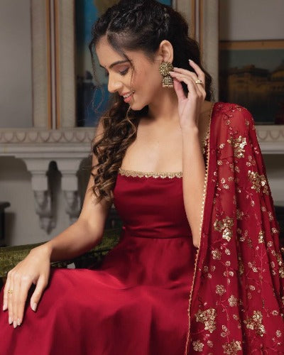 Red Faux Georgette Heavy Embroidered Anarkali Suit Set