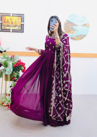Wine Georgette Designer Anarkali Gown With Dupatta Set Of 2