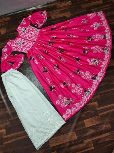 Pink Soft Cotton Embroidered Bell Sleeves Kurti with Pant