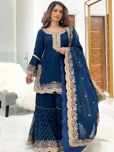 Peacock Blue Georgette Heavy Embroidered Sharara Suit Set