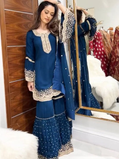 Peacock Blue Georgette Heavy Embroidered Sharara Suit Set