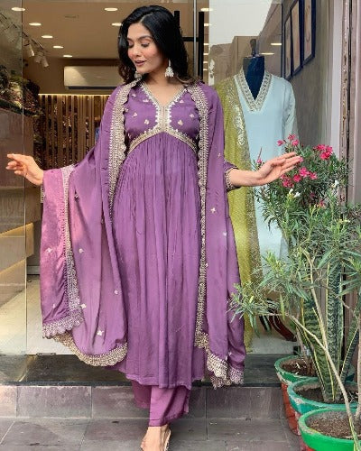 Lavender Alia Cut Chinon Silk Anarkali Suit Set
