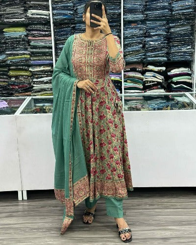 Pink & Green Cotton Printed Anarkali Suit Set
