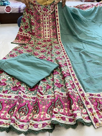 Pink & Green Cotton Printed Anarkali Suit Set