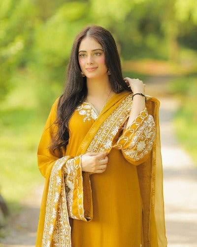 Mustard Yellow Maska Silk Embroidered Salwar Suit Set