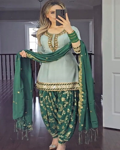 Light Blue & Green Heavy Embroidered Punjabi Dhoti Salwar Suit Set