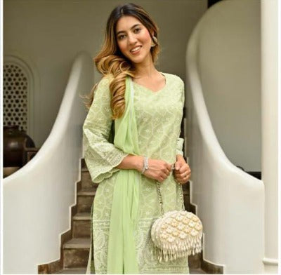 Pista Green Lucknowi Cotton Embroidery Suit