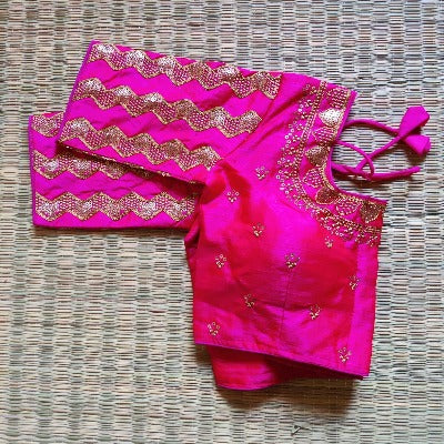 Hot Pink Readymade Saree Blouse Silk Embroidered