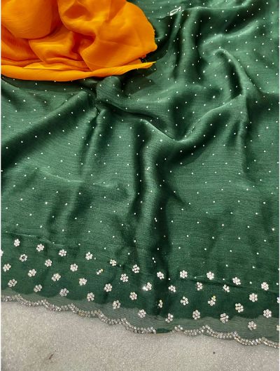 Green Satin Chinnon Saree with Contrast Blouse