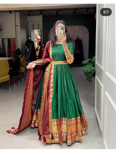 Green Navratri Zari Weaving Gown, Dupatta and Belt (Set of 3)