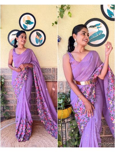 Lilac 1 Minute Saree Ready to Wear Embroidered Sequence Sari