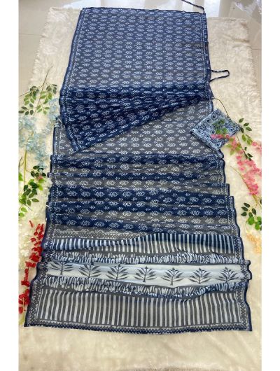 1 Min Blue Linen Cotton Digital Print Stitched Readymade Sari