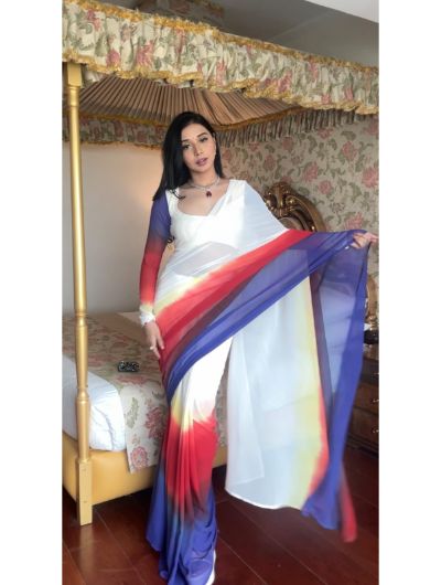 1 Min White Shaded Chiffon Silk with Digital Print Stitched Readymade Sari