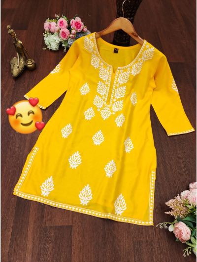 Yellow Rayon Chikan Embroidered Women Top Short Kurta