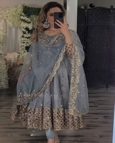 Silver Heavy Designer Georgette Anarkali Gown With Dupatta