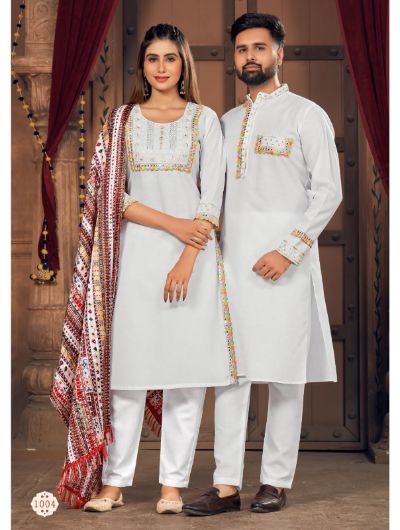 Couple Navratri White Kurta Pajama for Men & Kurti Pant and Dupatta for Women