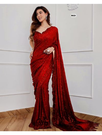 Red Heavy Sequence Georgette Saree