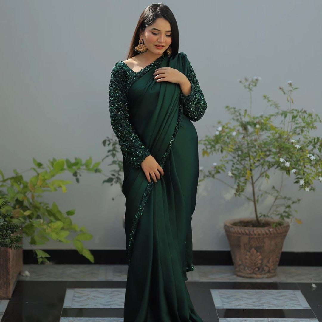 Sequin Ready to Wear Shimmer Satin Silk Pre Draped Sari
