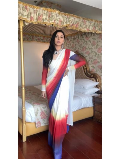 1 Min White Shaded Chiffon Silk with Digital Print Stitched Readymade Sari