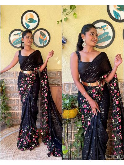 Black 1 Minute Saree Ready to Wear Embroidered Sequence Sari