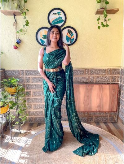 1 Min Dark Green Georgette Dual Sequence Stitched Readymade Sari