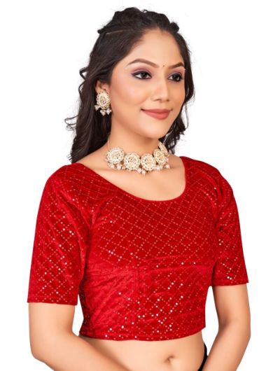 Readymade Red Velvet Sequence Embroidery Saree Blouse