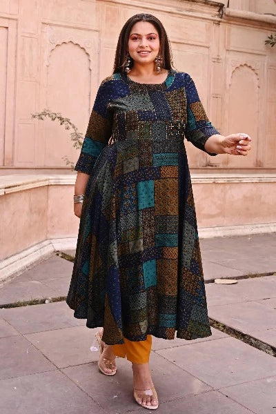 Anarkali Plus Size Blue Kanthawork Kurti for women