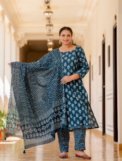 Plus Size Indigo Blue Printed Readymade Salwar Suit