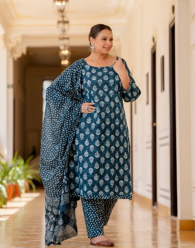 Plus Size Indigo Blue Printed Readymade Salwar Suit