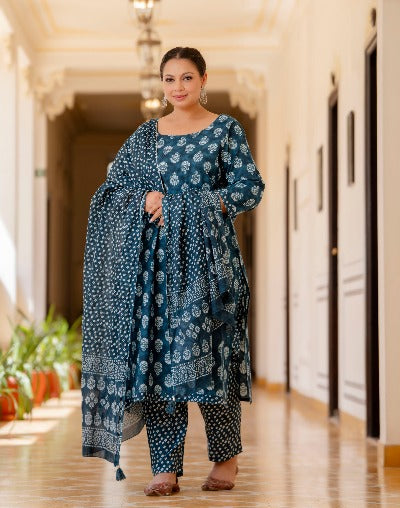 Plus Size Indigo Blue Printed Readymade Salwar Suit