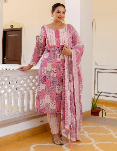 Handmade Plus store Size Peach Printed Cotton Suit Set K-37