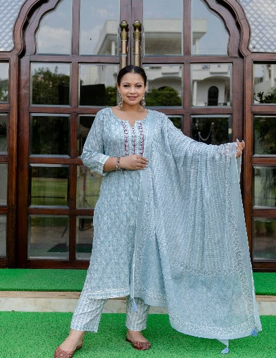 Plus Size Light Blue Cotton Salwar Suit Set